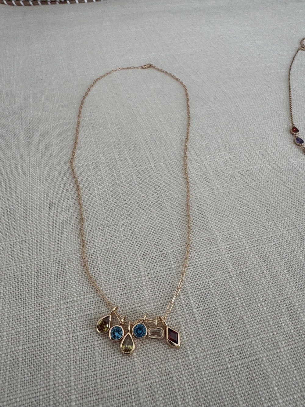 Gold Tone Pendant Necklace with Blue, Green and Red Gem Charms by Llume
